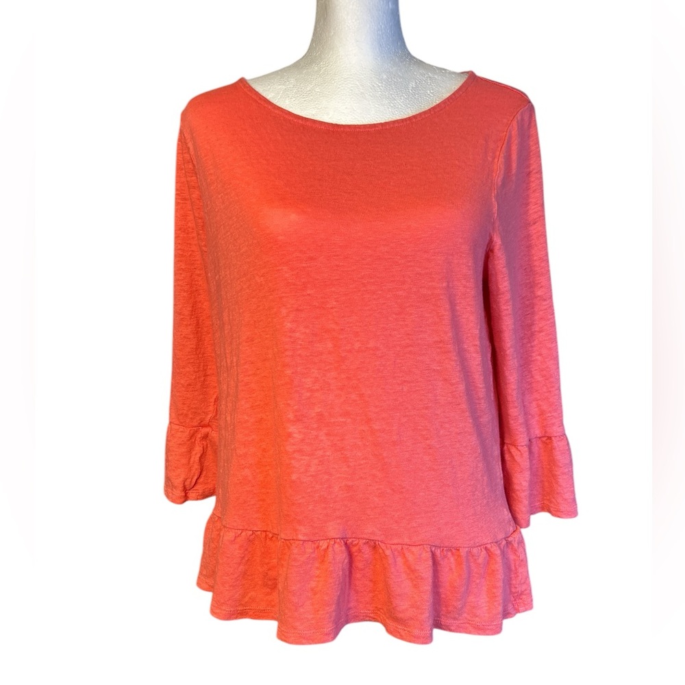 Boden Womens Coral‎ Pink 100% Linen Ruffle Cuff Peplum Top J0201 Size Large